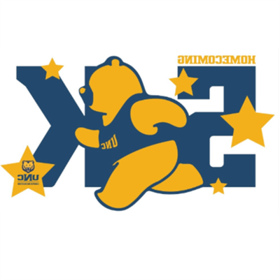 Blue and gold logo for 首页coming 5K with gold stars floating and a yellow bear with a blue UNC shirt running in front of blue 5K letters 